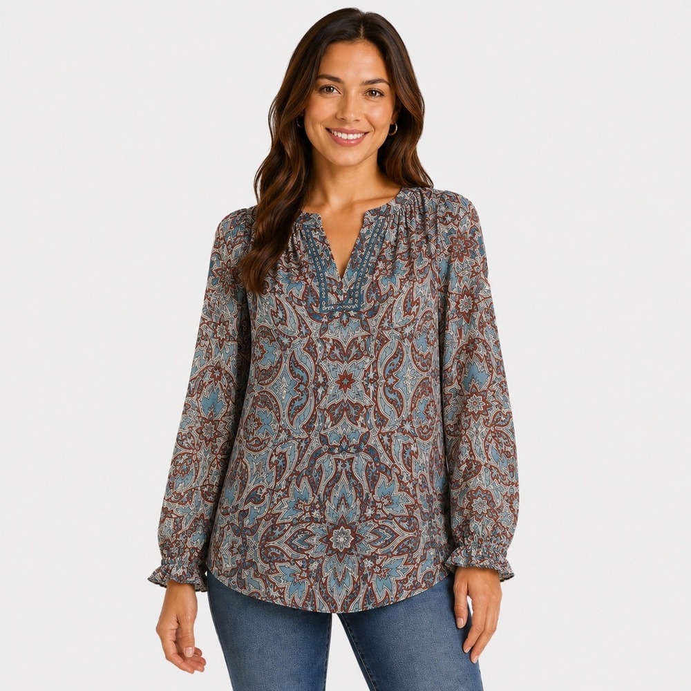 Democracy Paisley Boho Blouse Womens Medium Blue Rust Embroidered V-Neck Top